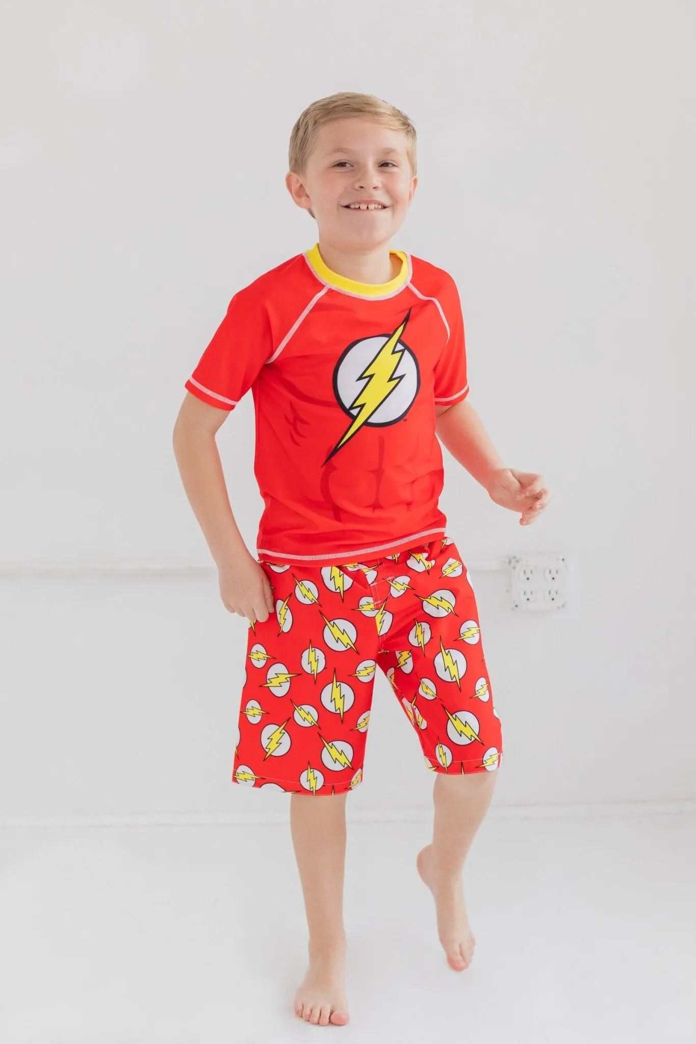 DC Comics Justice League The Flash UPF 50  Rash Guard Swim Trunks Outfit Set