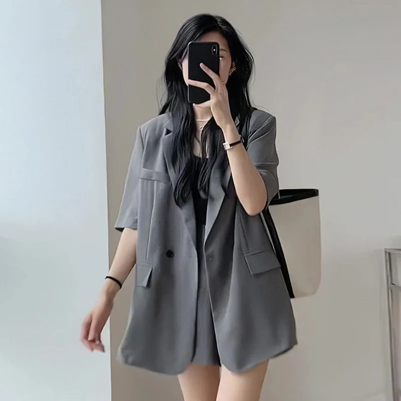 deanwangkt  Summer Retro Korean Version of the Temperament Short-sleeved Suit Jacket   Shorts Set Casual Loose Suit Two-piece Female