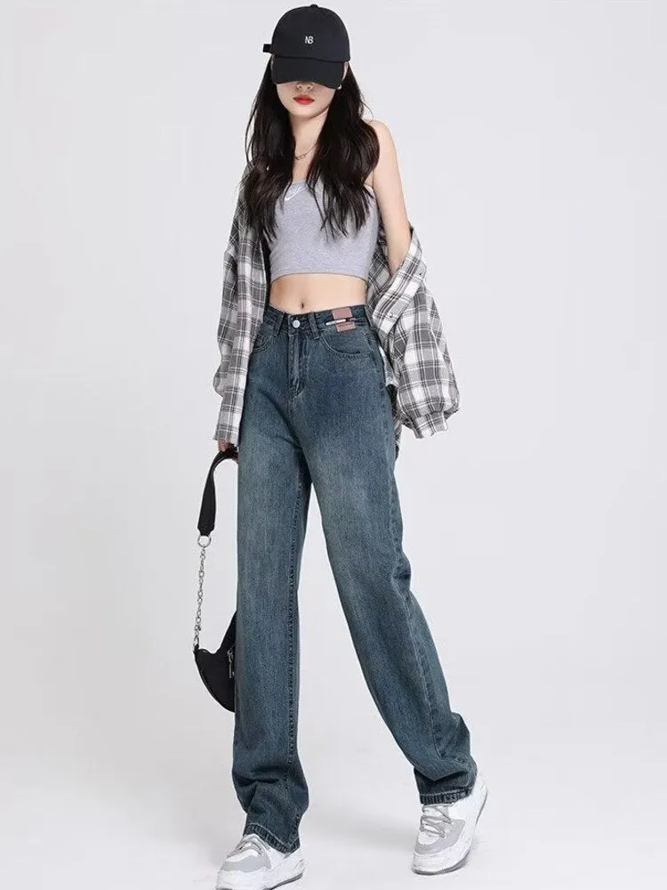 deanwangkt Women's Spring And Autumn New Korean Version High Waist Slimming All-match Design Niche Retro Mopping Straight Pants