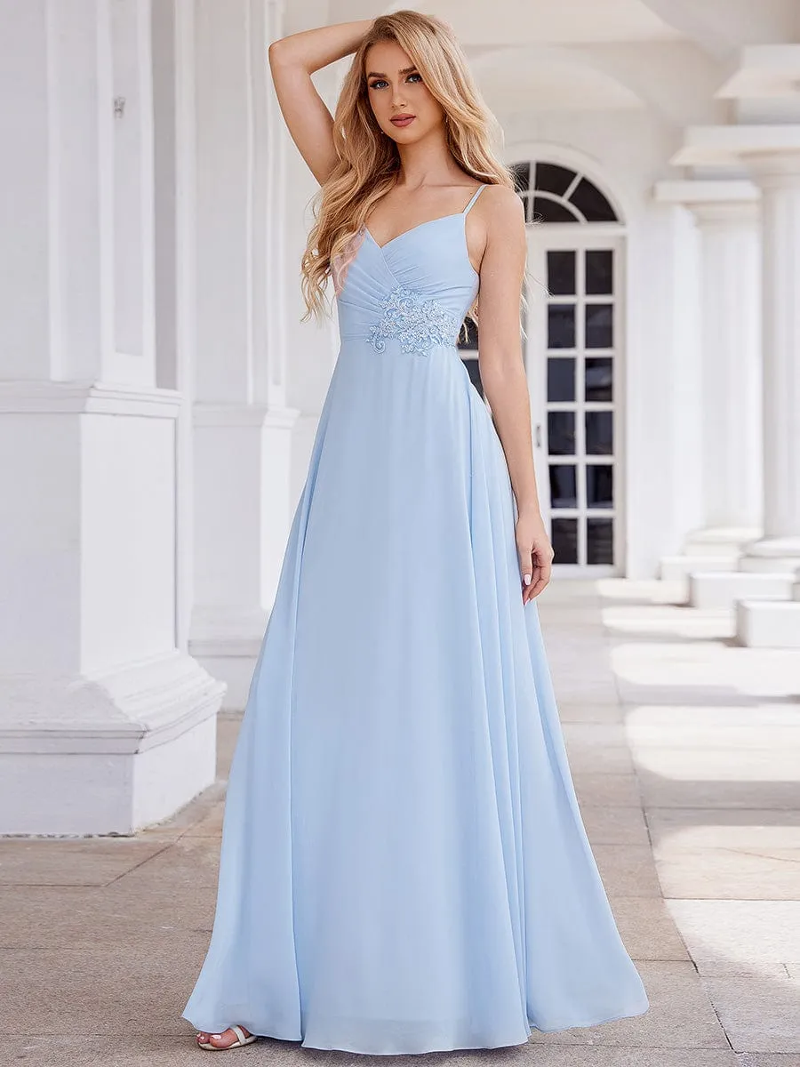 Elegant A-Line Applique Waist Sleeveless Bridesmaid Dress with V-Neck