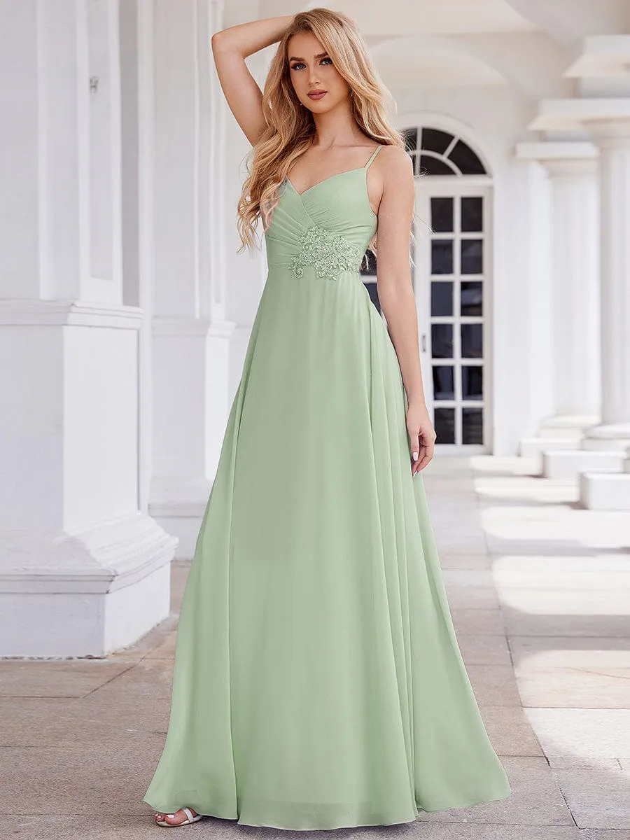 Elegant A-Line Applique Waist Sleeveless Bridesmaid Dress with V-Neck