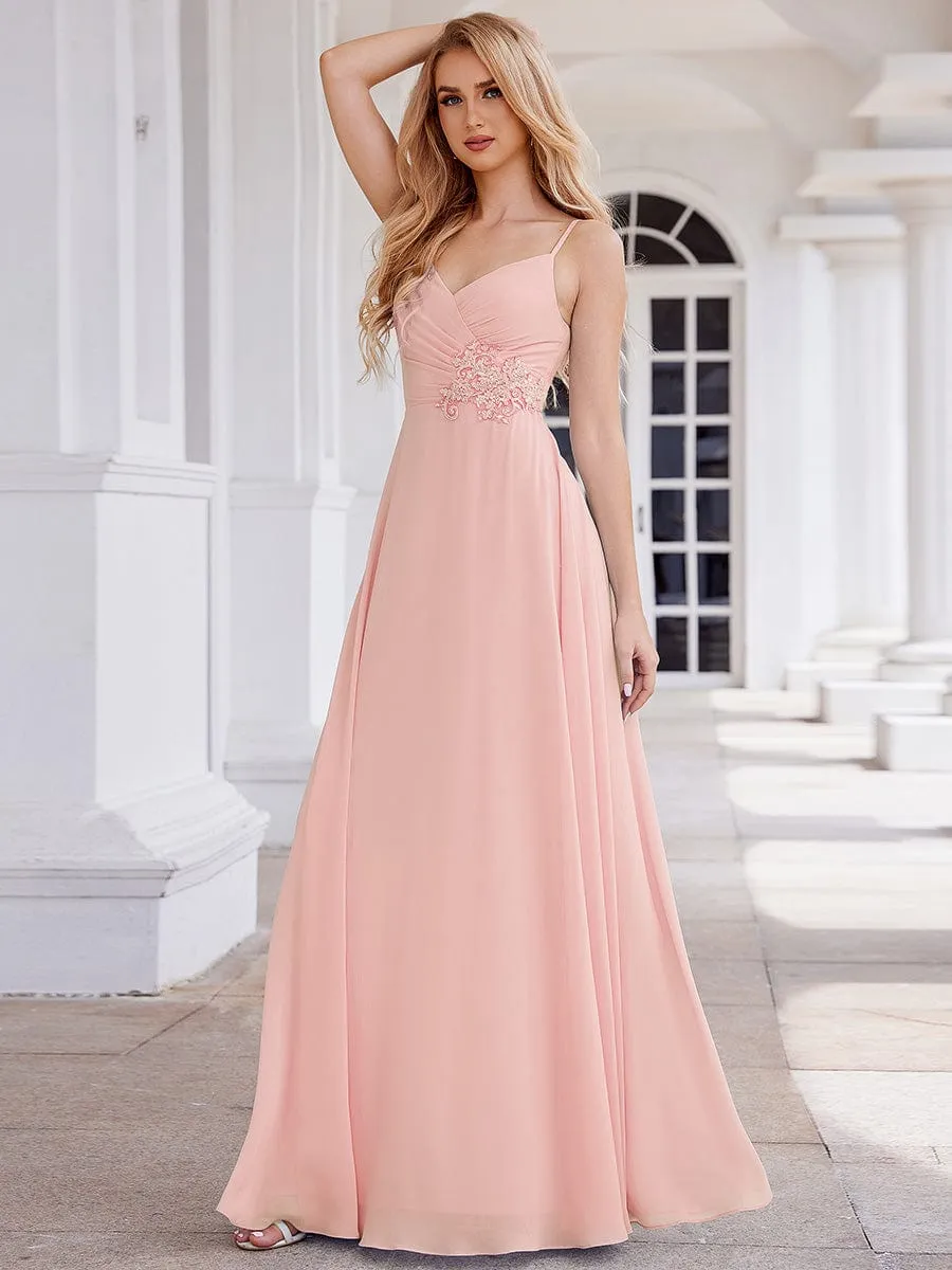 Elegant A-Line Applique Waist Sleeveless Bridesmaid Dress with V-Neck
