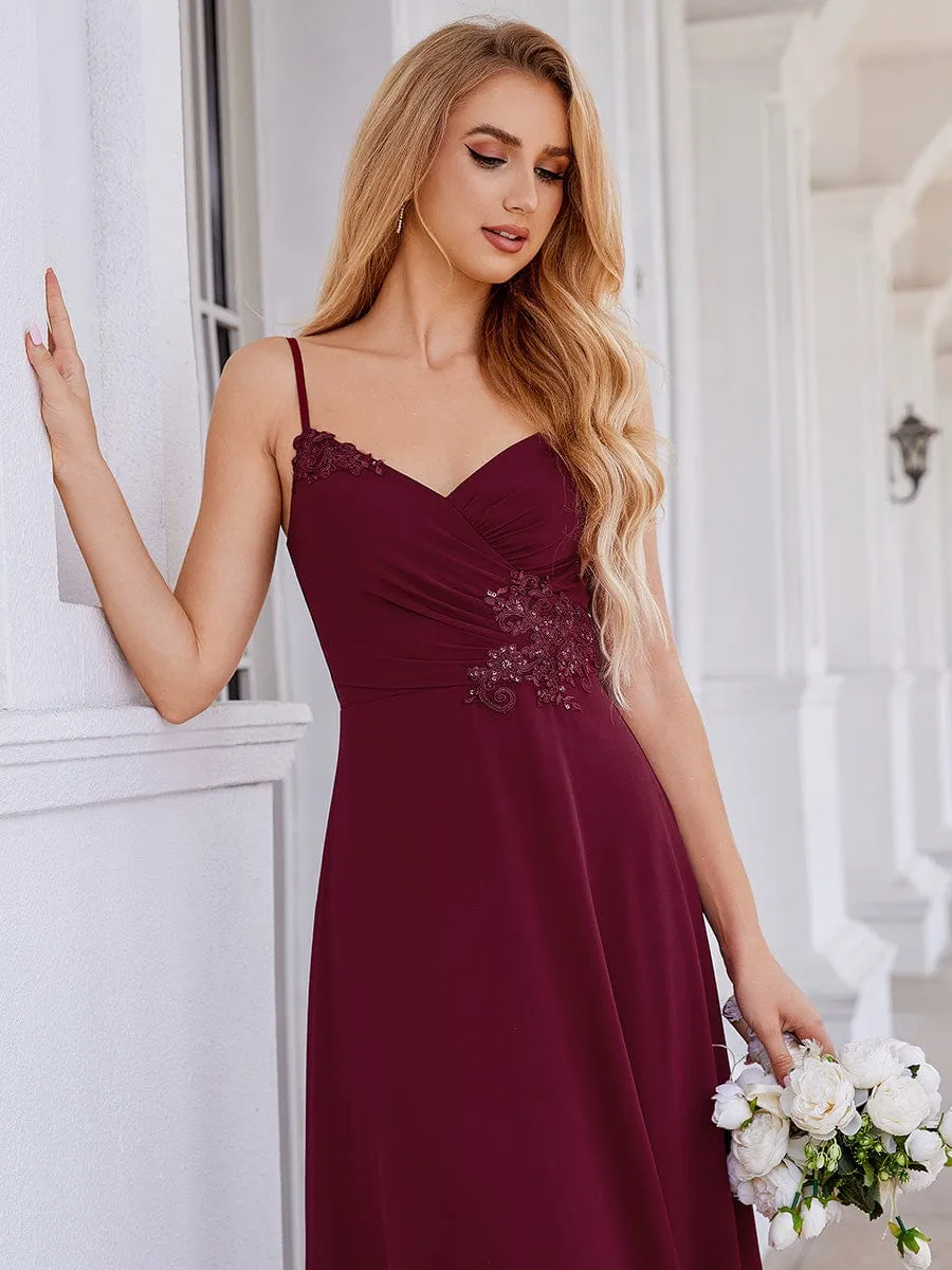 Elegant A-Line Applique Waist Sleeveless Bridesmaid Dress with V-Neck