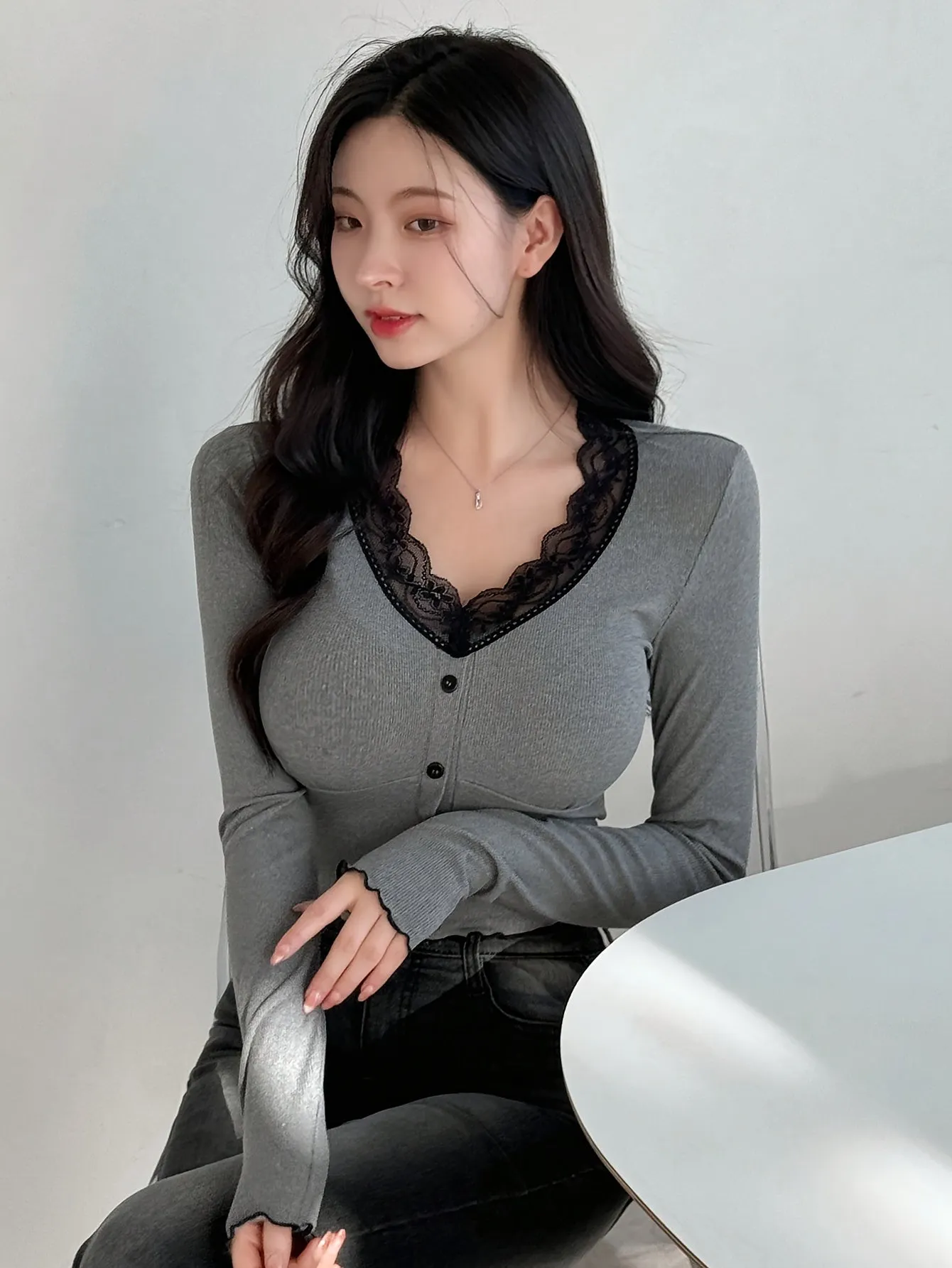Elegant V-Neck Button-Up Long Sleeve T-Shirt for Women – Solid Color Knit Polyester Blend Top with Lace Details, Stretch Fit for All Seasons