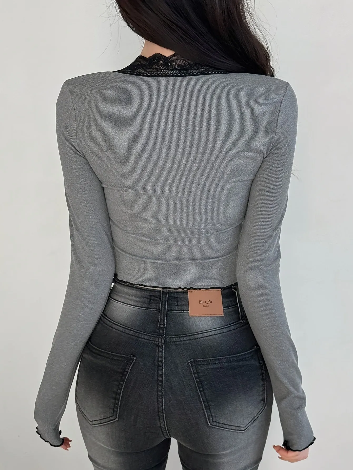 Elegant V-Neck Button-Up Long Sleeve T-Shirt for Women – Solid Color Knit Polyester Blend Top with Lace Details, Stretch Fit for All Seasons