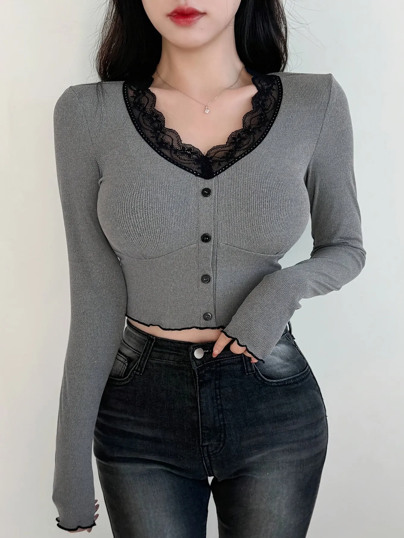 Elegant V-Neck Button-Up Long Sleeve T-Shirt for Women – Solid Color Knit Polyester Blend Top with Lace Details, Stretch Fit for All Seasons