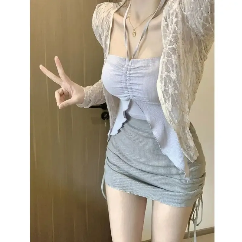 Girlary 2024 Summer Korean Fashion 3 Piece Set Woman Solid Lace Cardigan   Sexy Vest   Slim Y2k Mini Skirt Woman Outwear Casual Suit