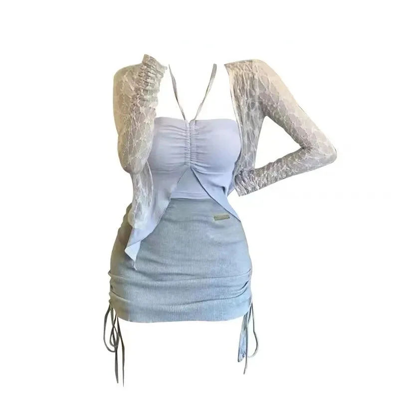 Girlary 2024 Summer Korean Fashion 3 Piece Set Woman Solid Lace Cardigan   Sexy Vest   Slim Y2k Mini Skirt Woman Outwear Casual Suit