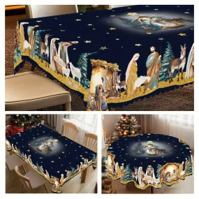 Joyful Feast, Christmas Nativity Scene Tablecloth - Embossed Polyester, Stain-Resistant, Water-Repellent, Perfect for Holiday Gatherings and Farmhouse Decor