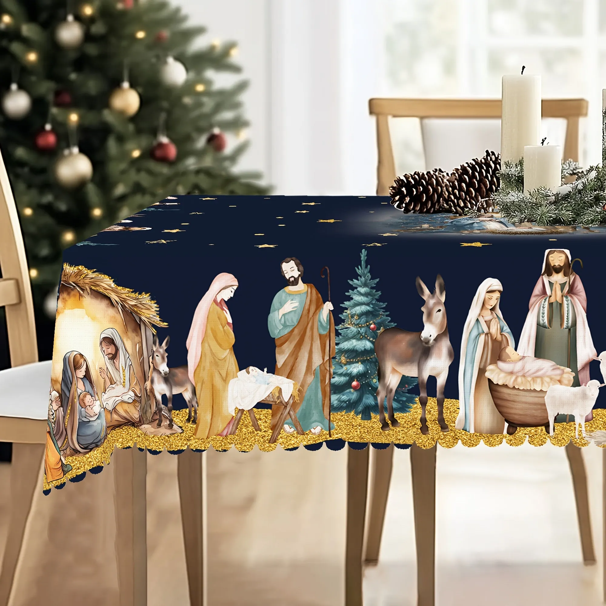 Joyful Feast, Christmas Nativity Scene Tablecloth - Embossed Polyester, Stain-Resistant, Water-Repellent, Perfect for Holiday Gatherings and Farmhouse Decor