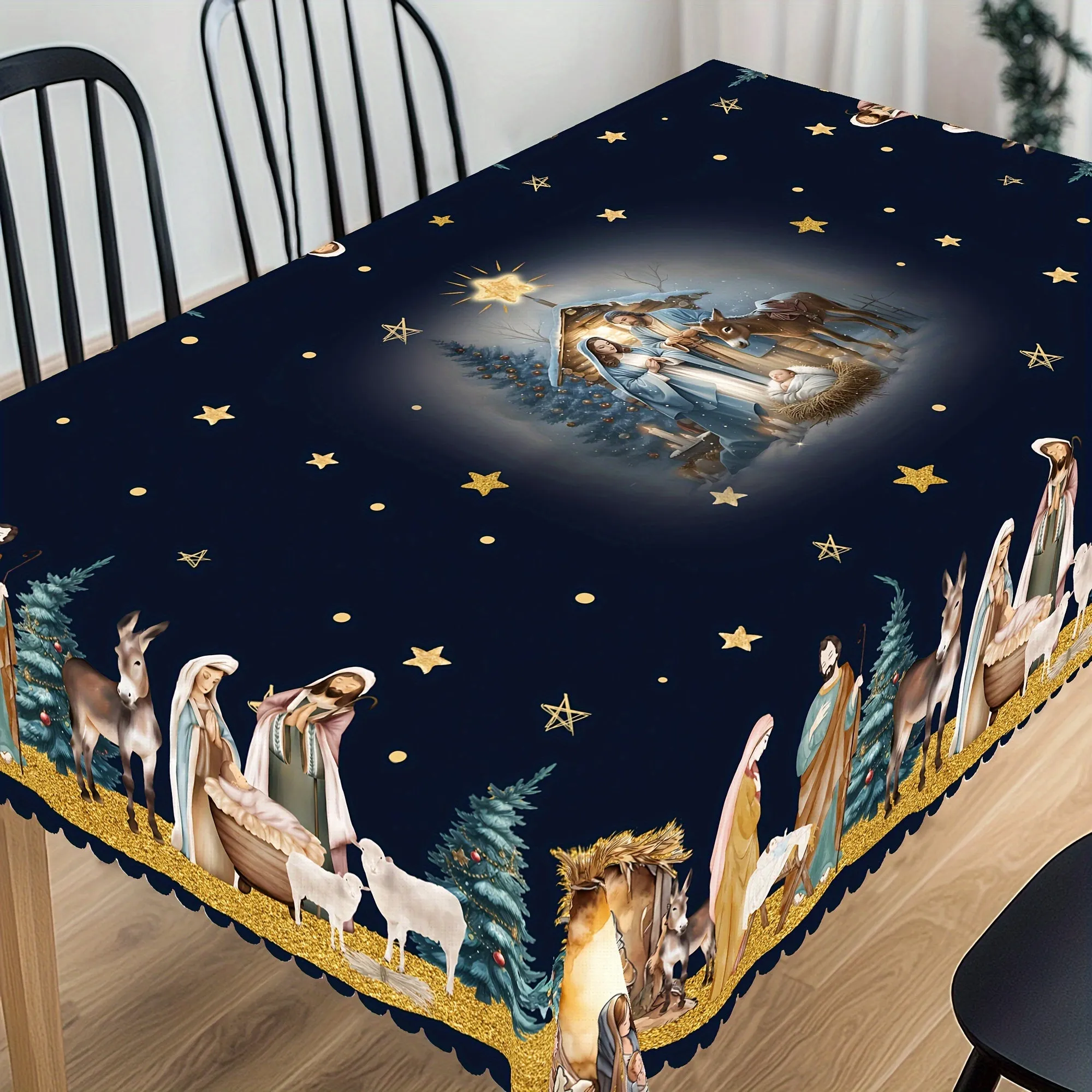 Joyful Feast, Christmas Nativity Scene Tablecloth - Embossed Polyester, Stain-Resistant, Water-Repellent, Perfect for Holiday Gatherings and Farmhouse Decor