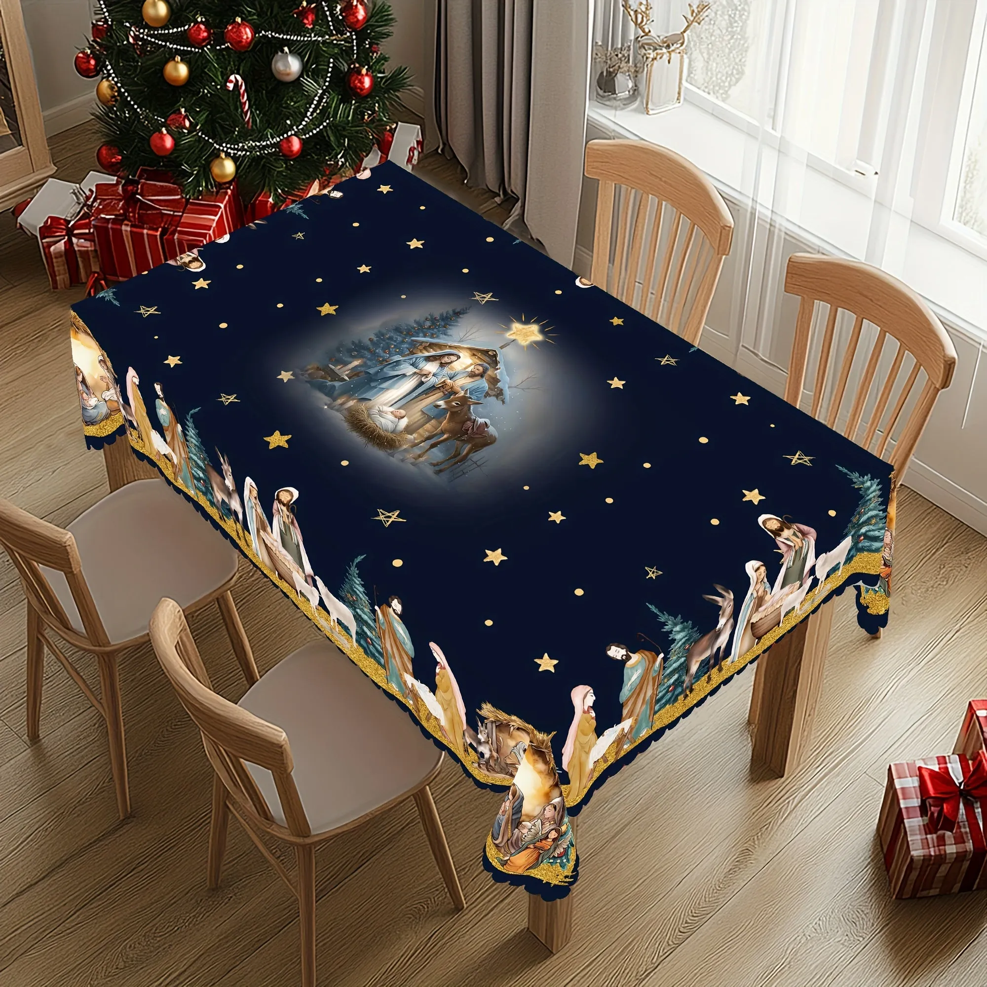Joyful Feast, Christmas Nativity Scene Tablecloth - Embossed Polyester, Stain-Resistant, Water-Repellent, Perfect for Holiday Gatherings and Farmhouse Decor