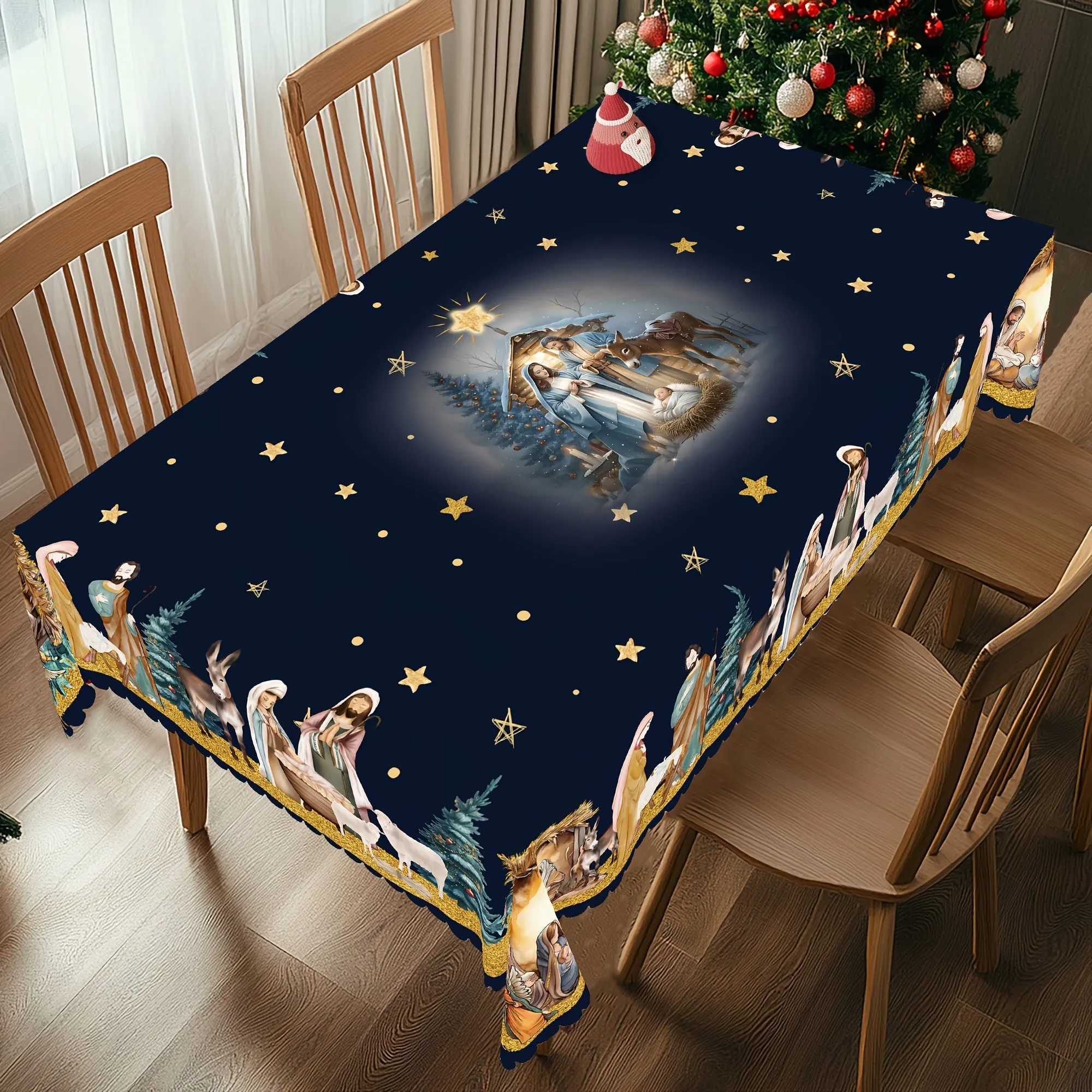 Joyful Feast, Christmas Nativity Scene Tablecloth - Embossed Polyester, Stain-Resistant, Water-Repellent, Perfect for Holiday Gatherings and Farmhouse Decor
