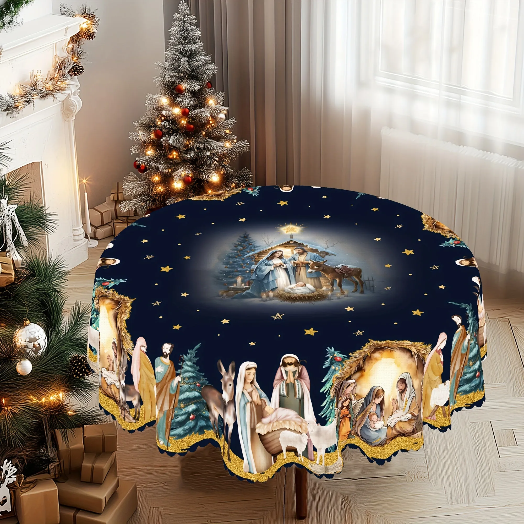 Joyful Feast, Christmas Nativity Scene Tablecloth - Embossed Polyester, Stain-Resistant, Water-Repellent, Perfect for Holiday Gatherings and Farmhouse Decor