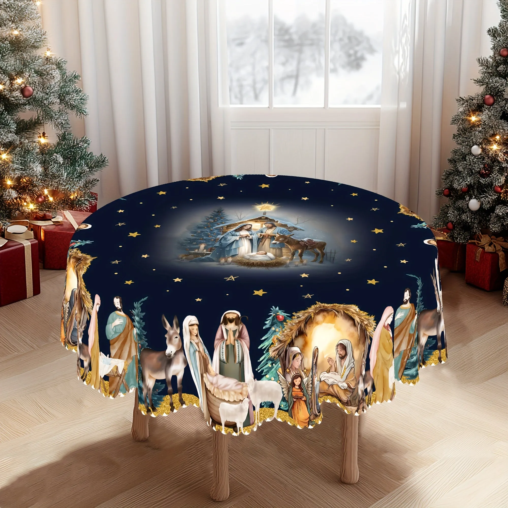 Joyful Feast, Christmas Nativity Scene Tablecloth - Embossed Polyester, Stain-Resistant, Water-Repellent, Perfect for Holiday Gatherings and Farmhouse Decor