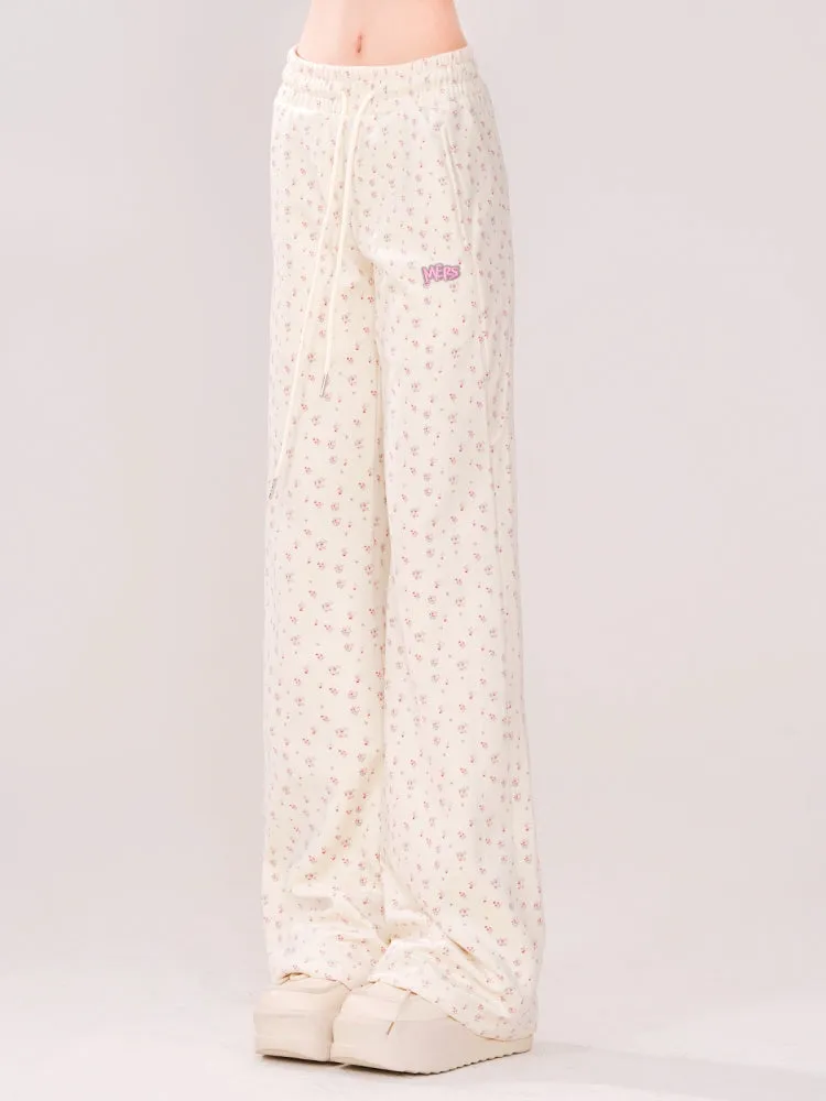 Korean-Style Floral Print Drawstring Casual Pants