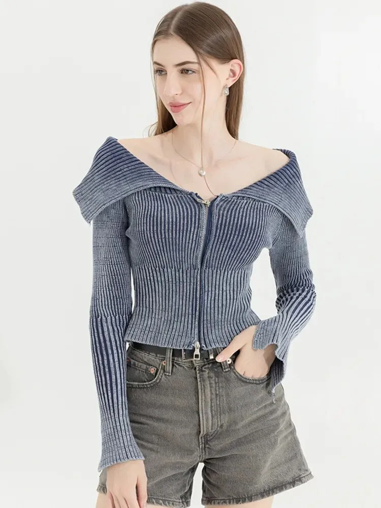 Lapel Zip-Up Knitted Top
