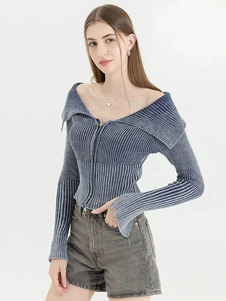 Lapel Zip-Up Knitted Top