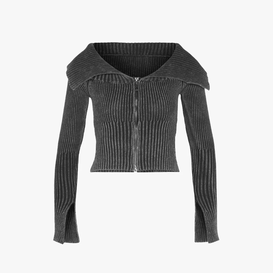 Lapel Zip-Up Knitted Top
