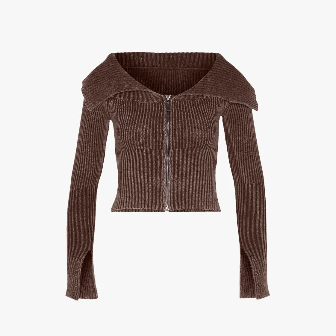 Lapel Zip-Up Knitted Top