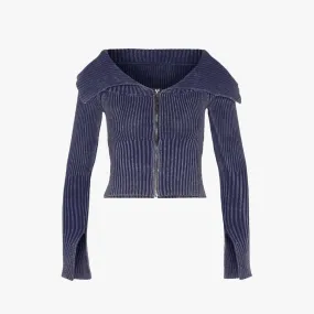 Lapel Zip-Up Knitted Top