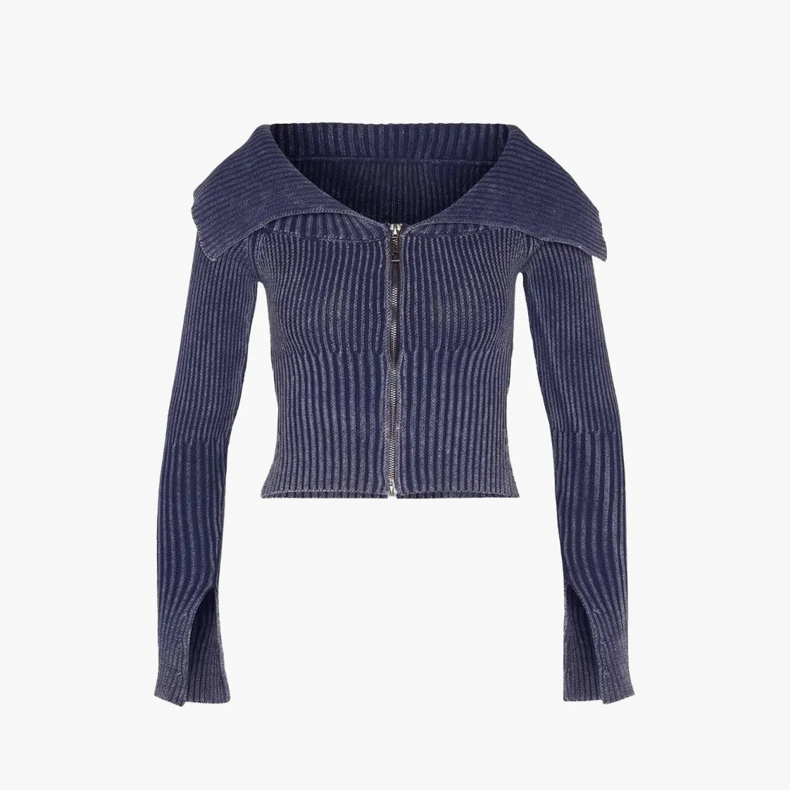 Lapel Zip-Up Knitted Top