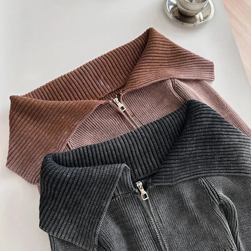 Lapel Zip-Up Knitted Top