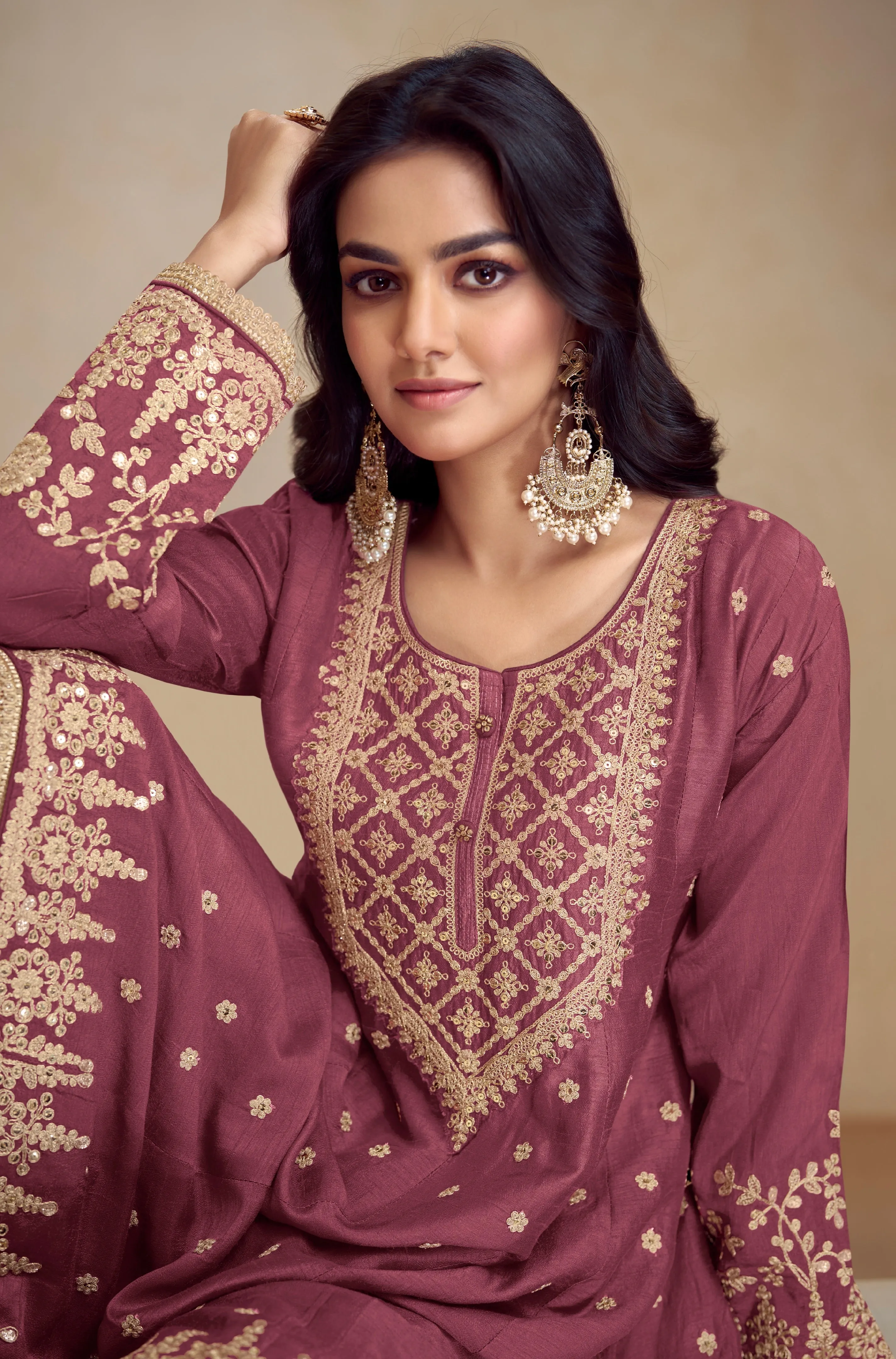 Maroon Real Chinon Palazzo Suit with Embroidered Koti Style & Dupatta