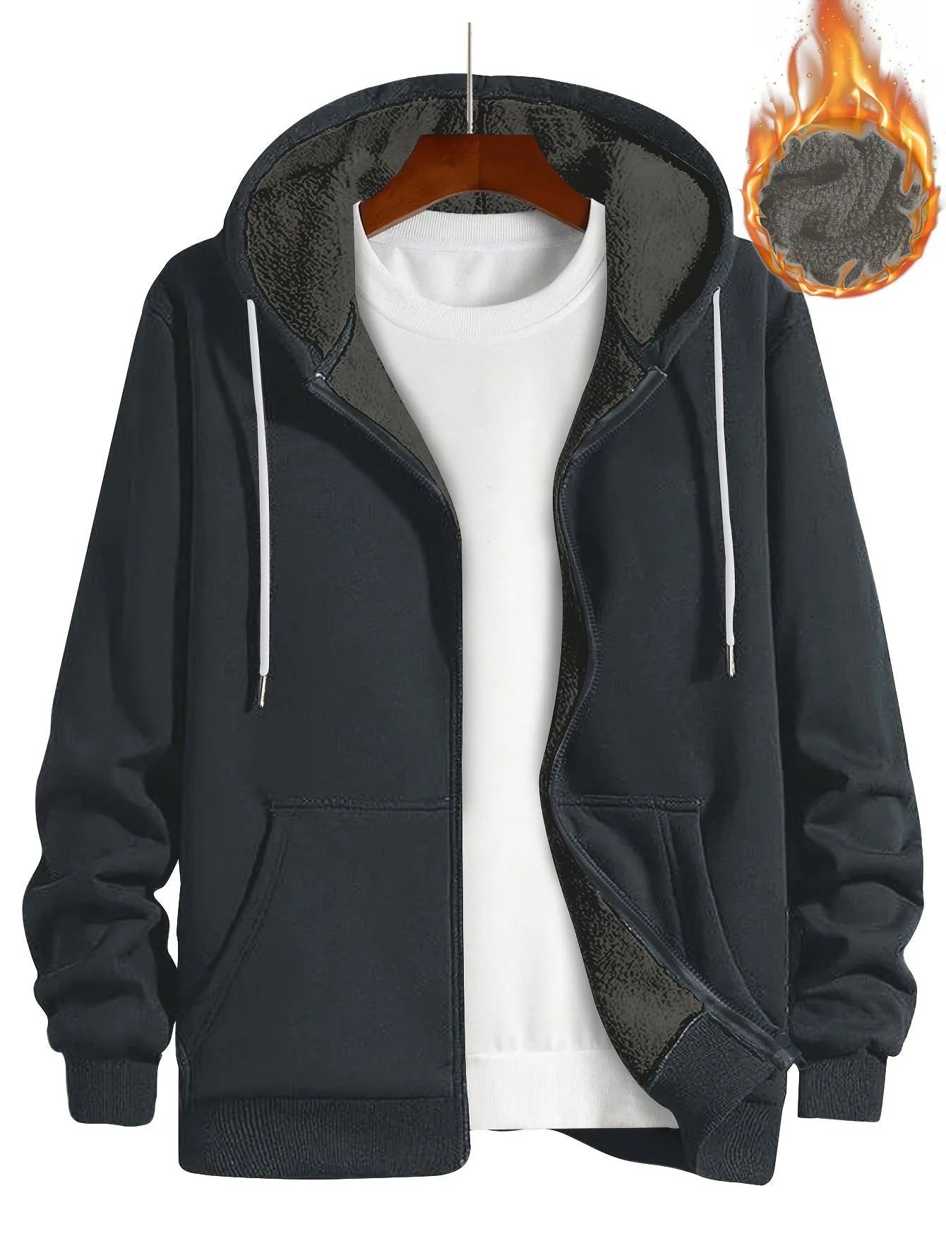 Men's Casual Fleece-Lined Hooded Jacket - Solid Color, Zip-Up with Pockets for Fall/Winter, PLUS SIZE