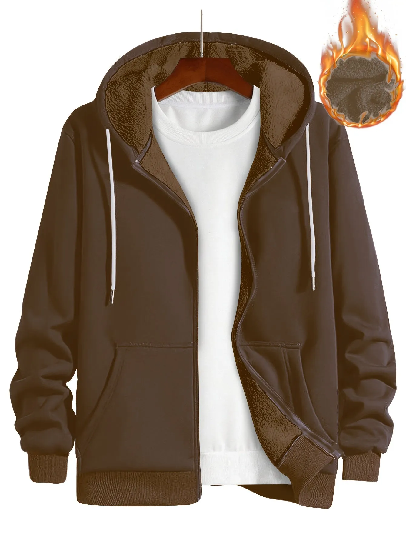 Men's Casual Fleece-Lined Hooded Jacket - Solid Color, Zip-Up with Pockets for Fall/Winter, PLUS SIZE