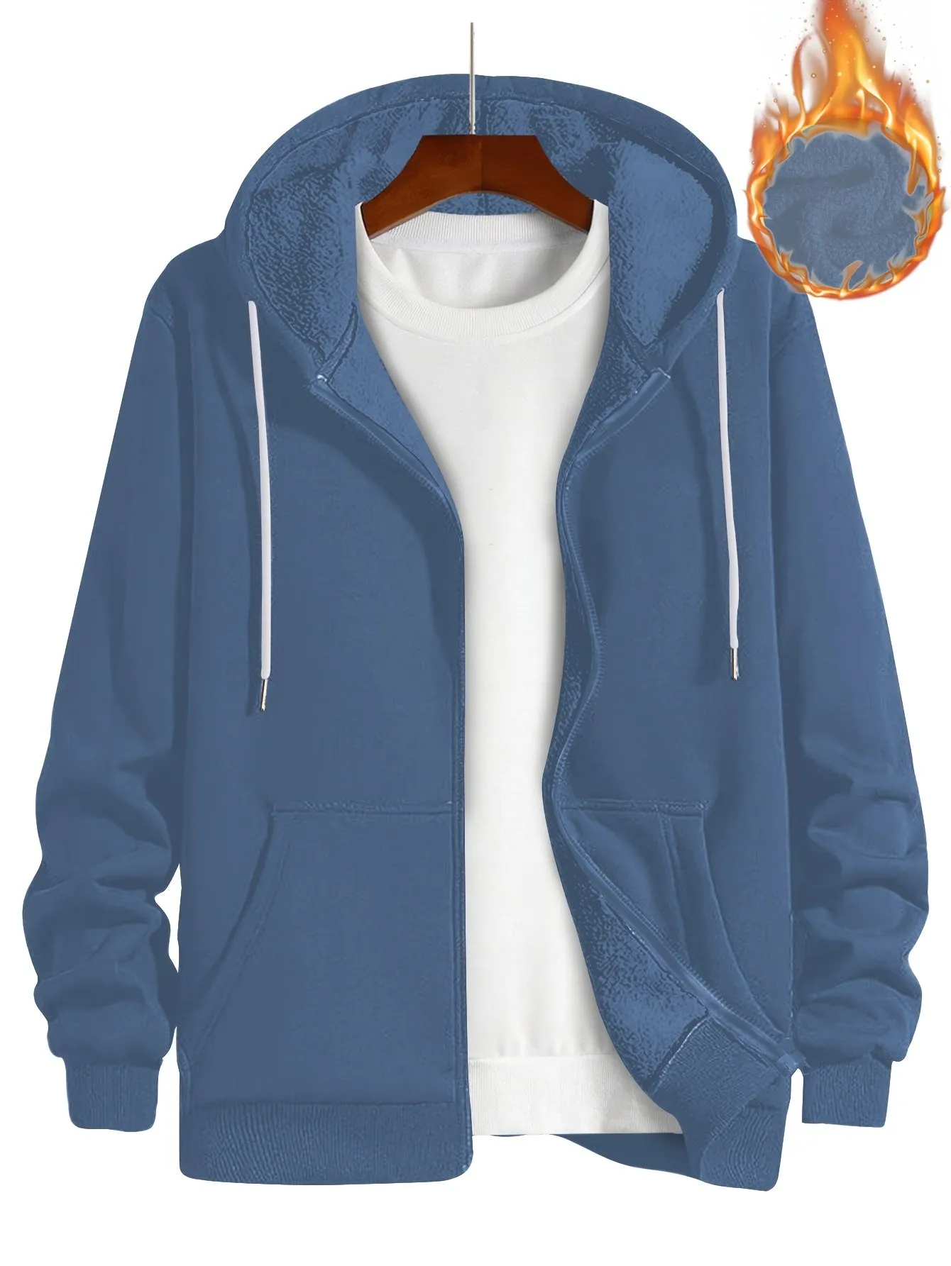 Men's Casual Fleece-Lined Hooded Jacket - Solid Color, Zip-Up with Pockets for Fall/Winter, PLUS SIZE