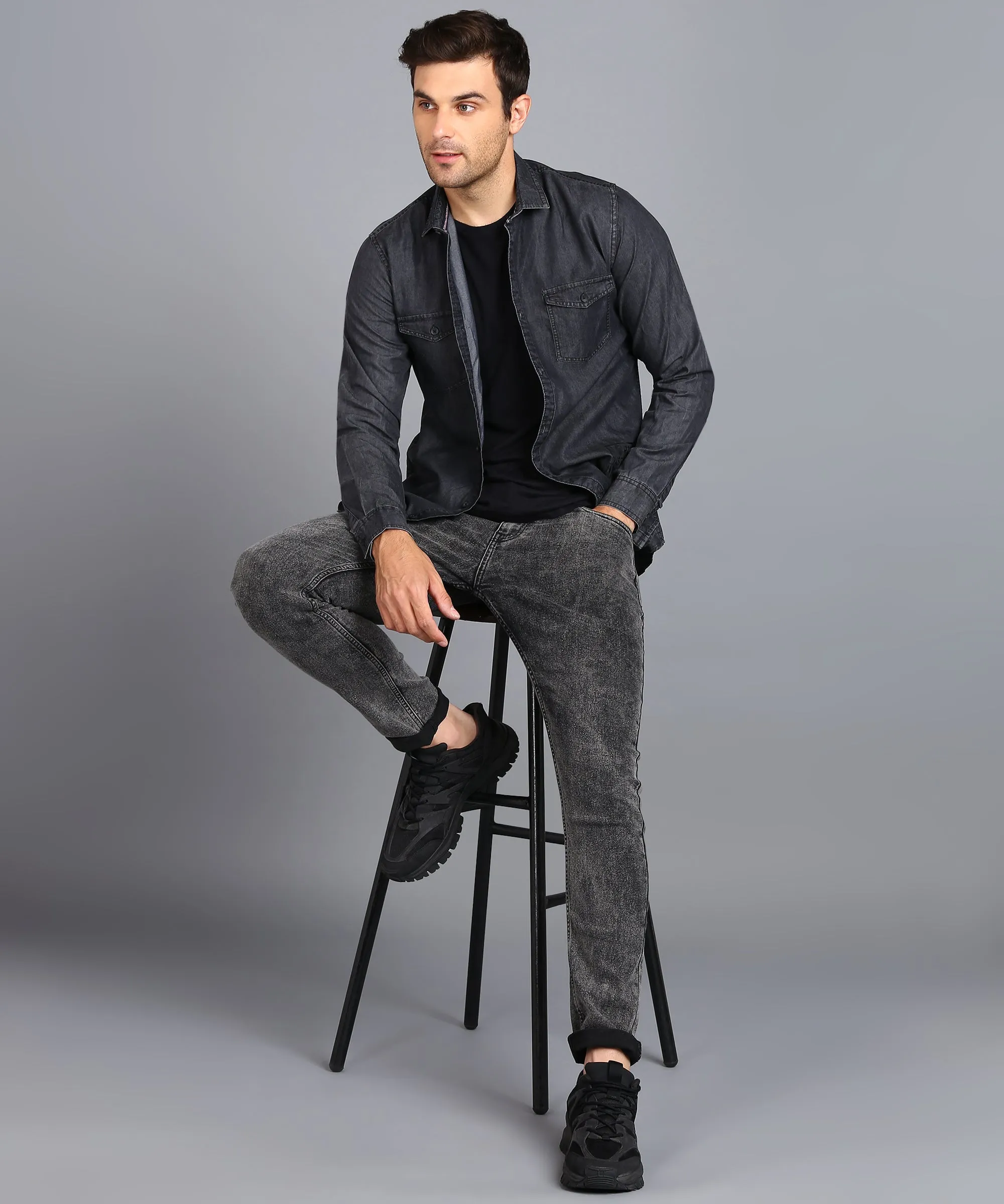 Mens Slim Fit Full Sleeve Washed Casual Shirt in Dark Grey Denim