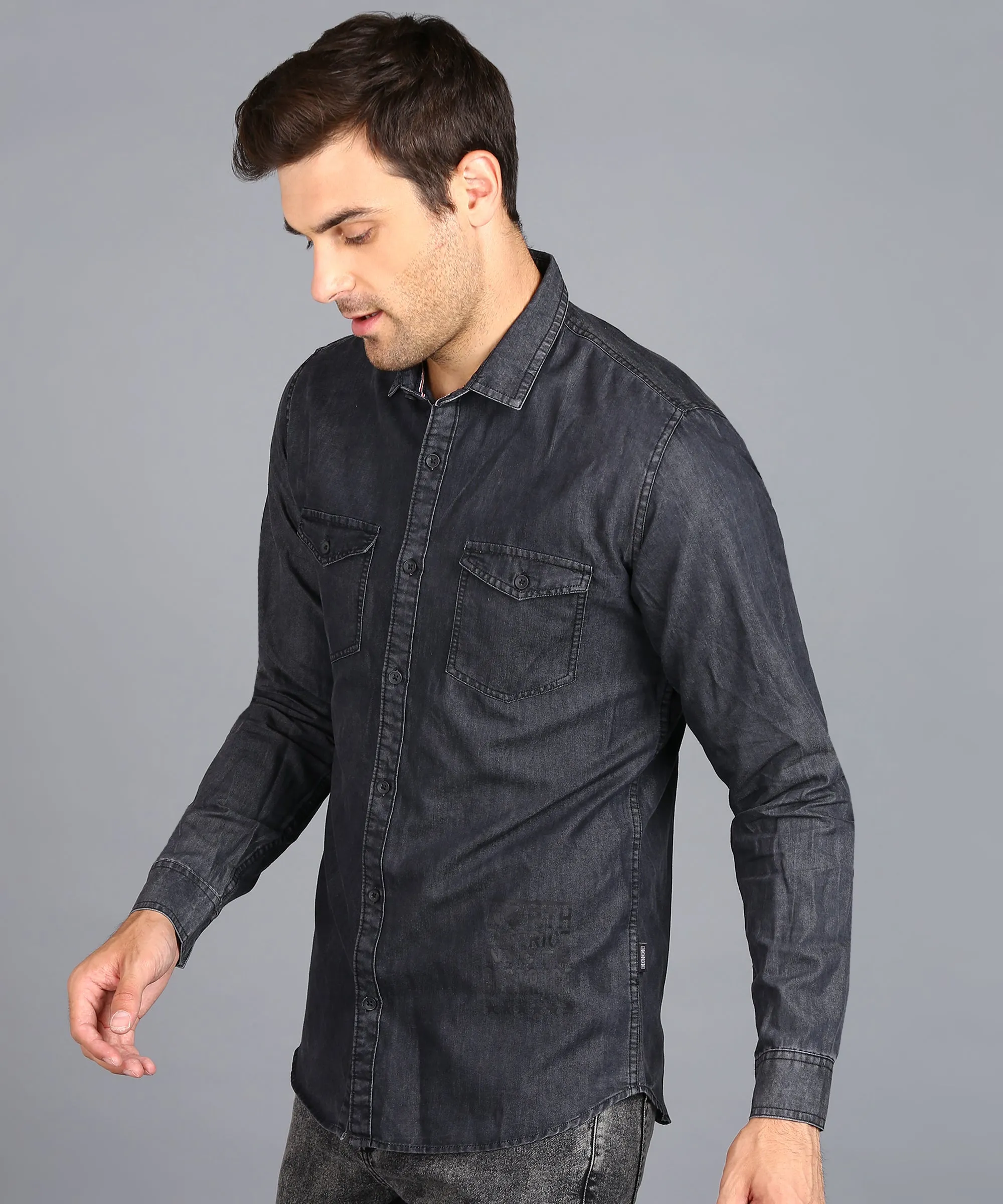 Mens Slim Fit Full Sleeve Washed Casual Shirt in Dark Grey Denim