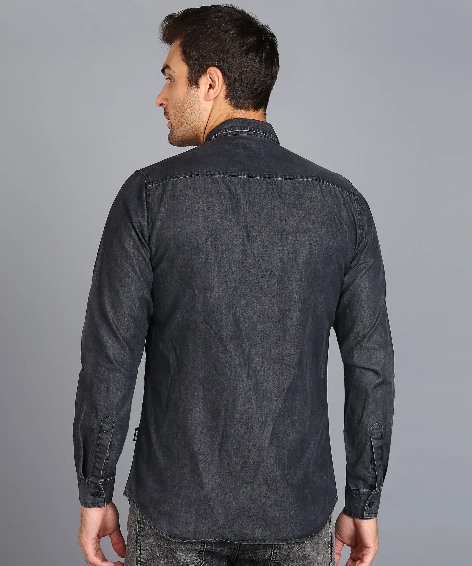 Mens Slim Fit Full Sleeve Washed Casual Shirt in Dark Grey Denim