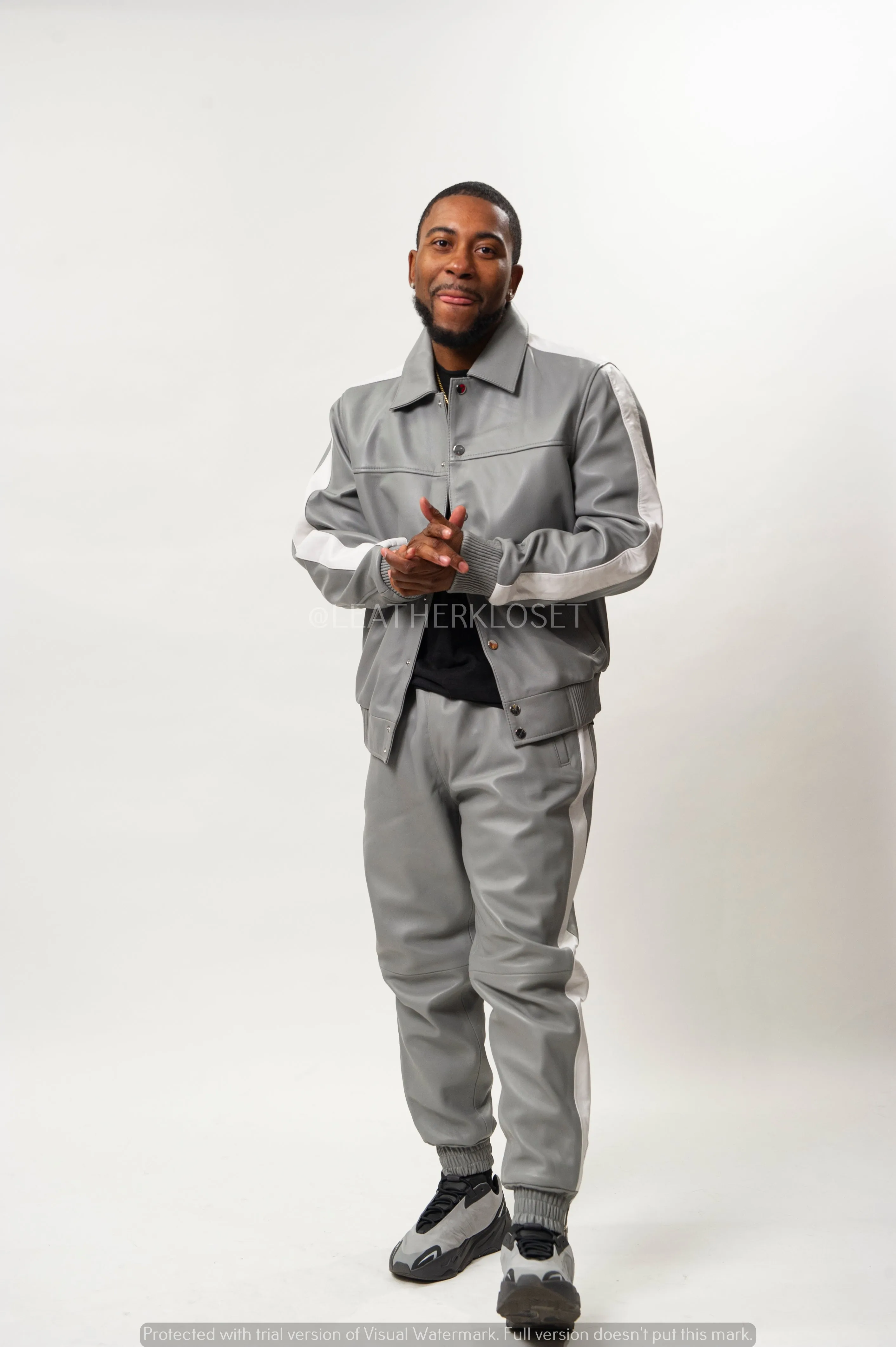 Mens Premium Gray and White Leather Track Suit - Stylish and Comfortable Sweatsuit for Active Lifestyle
