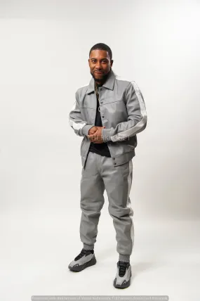 Mens Premium Gray and White Leather Track Suit - Stylish and Comfortable Sweatsuit for Active Lifestyle