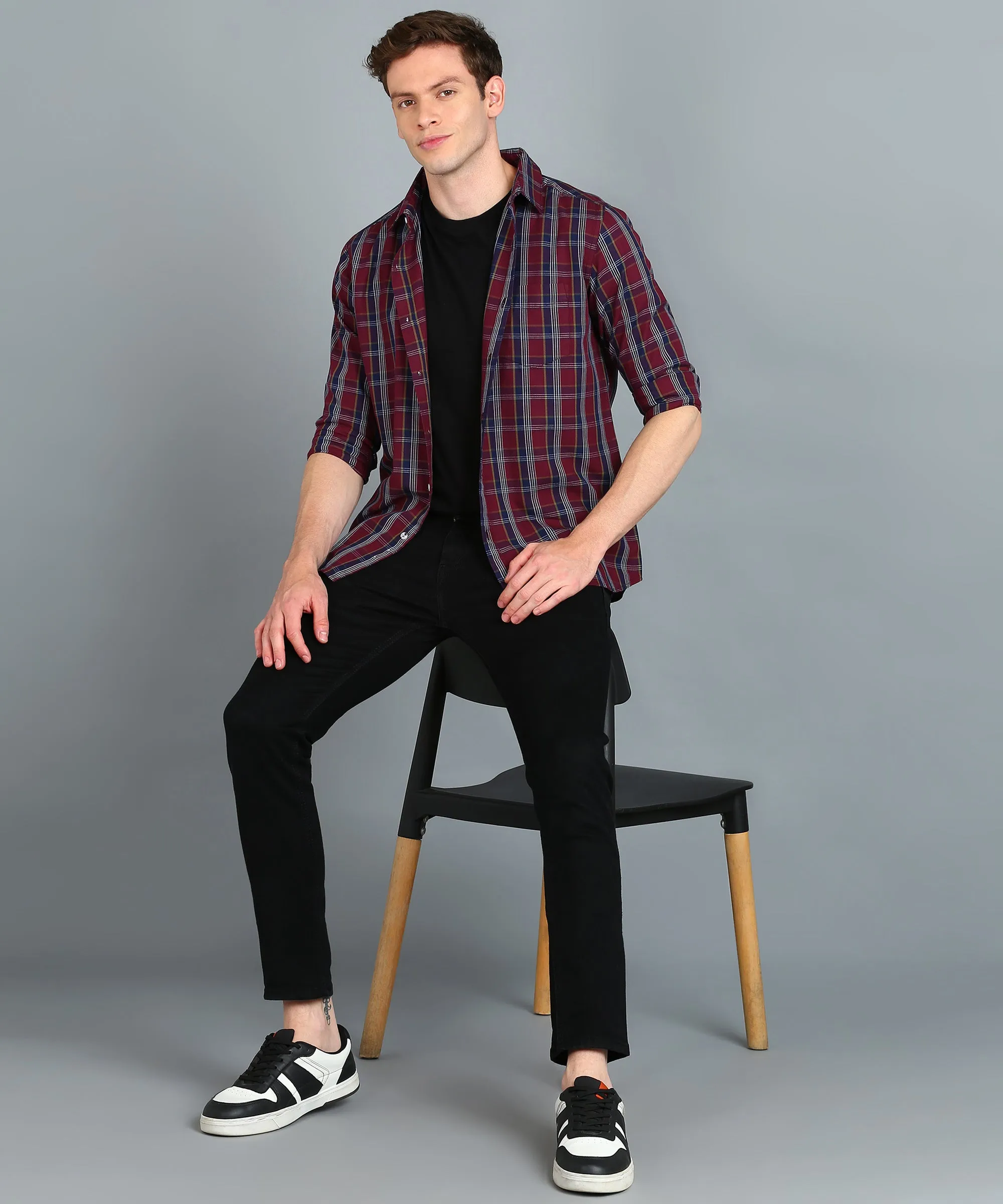 Men's Maroon, Blue Cotton Full Sleeve Slim Fit Casual Checkered Shirt