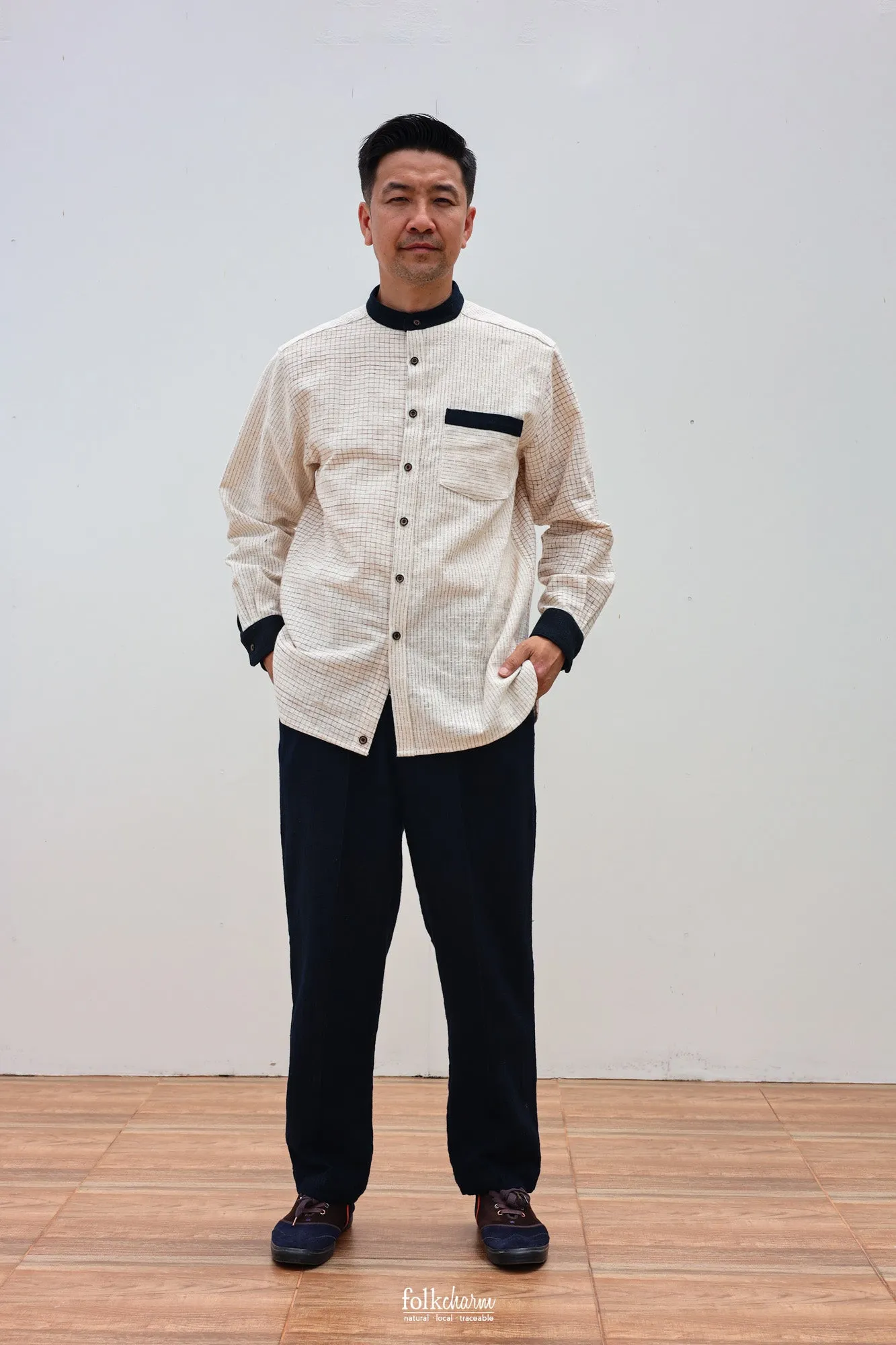 Mens *NEW* Relaxed-fit Mandarin Collar Longsleeve Shirt