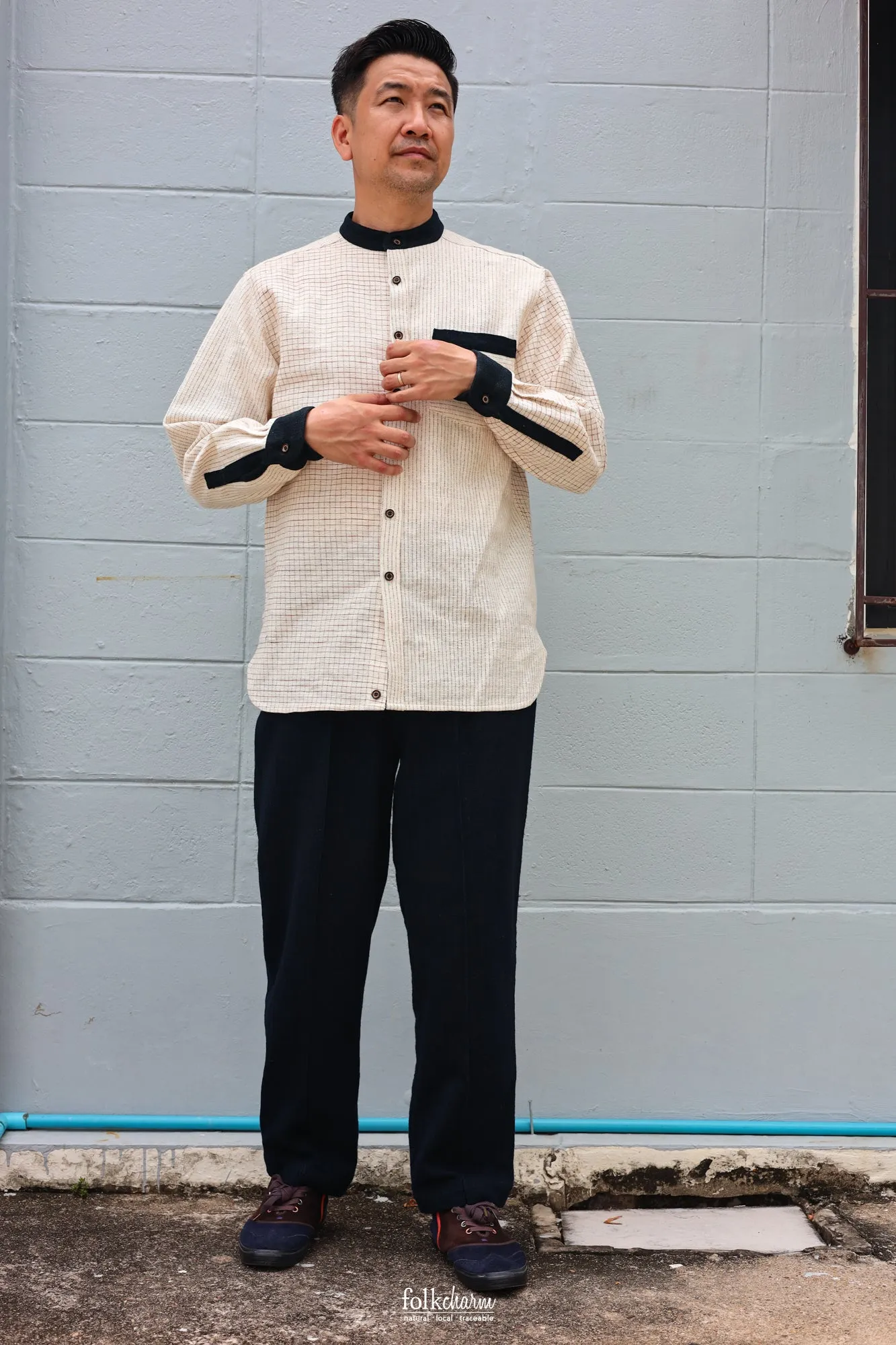 Mens *NEW* Relaxed-fit Mandarin Collar Longsleeve Shirt
