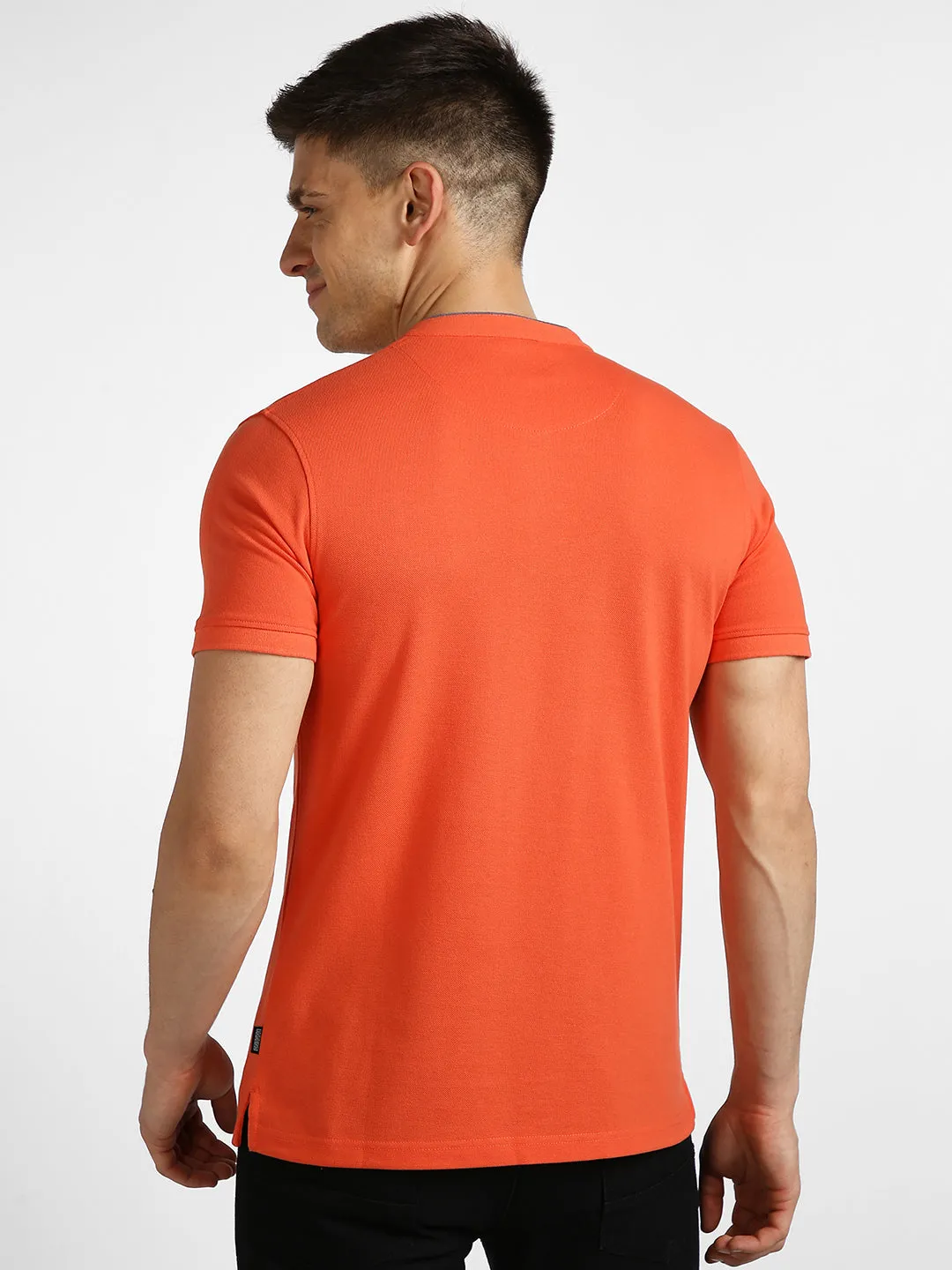 Men's Orange Solid Slim Fit Half Sleeve Cotton Polo T-Shirt with Mandarin Collar