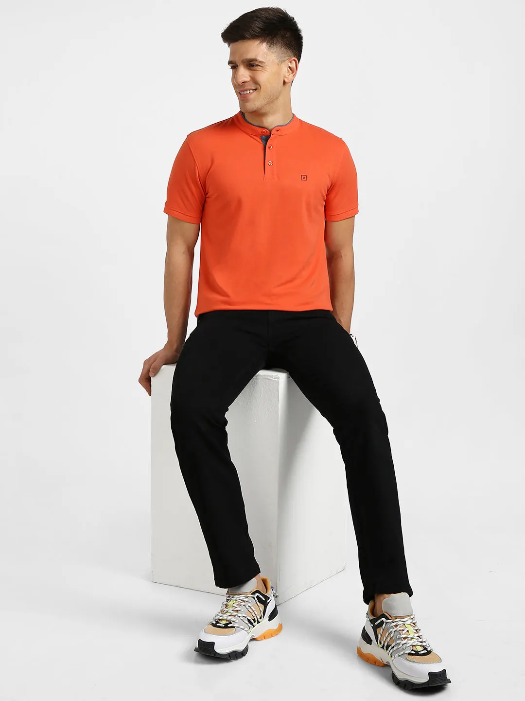 Men's Orange Solid Slim Fit Half Sleeve Cotton Polo T-Shirt with Mandarin Collar