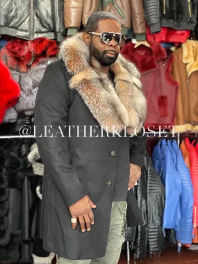 Mens Elegant Wool Trench Coat with Luxurious Fox Fur Collar