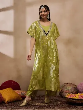 Olive Green Floral Woven Design Mirror Work Jacquard Kaftan Kurta With Trousers Set