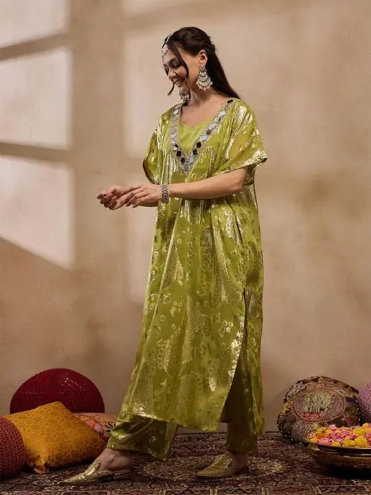 Olive Green Floral Woven Design Mirror Work Jacquard Kaftan Kurta With Trousers Set
