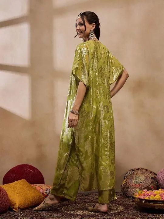 Olive Green Floral Woven Design Mirror Work Jacquard Kaftan Kurta With Trousers Set