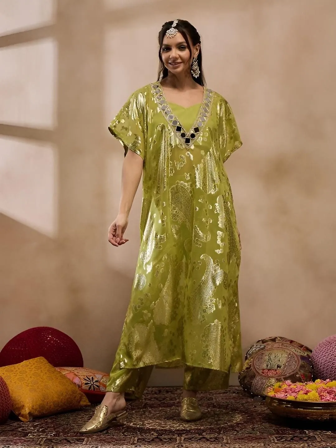 Olive Green Floral Woven Design Mirror Work Jacquard Kaftan Kurta With Trousers Set