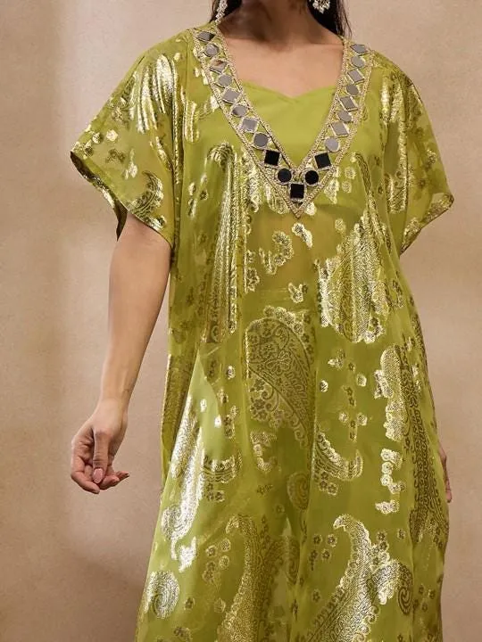 Olive Green Floral Woven Design Mirror Work Jacquard Kaftan Kurta With Trousers Set