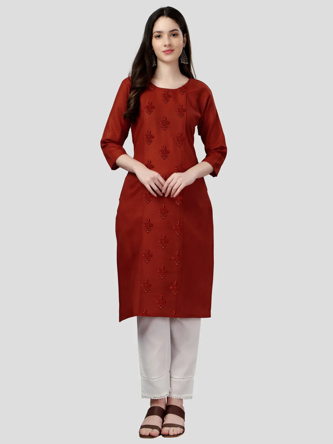 Orange Heavy Cotton Magic Slub With Casual Embroidery Kurti