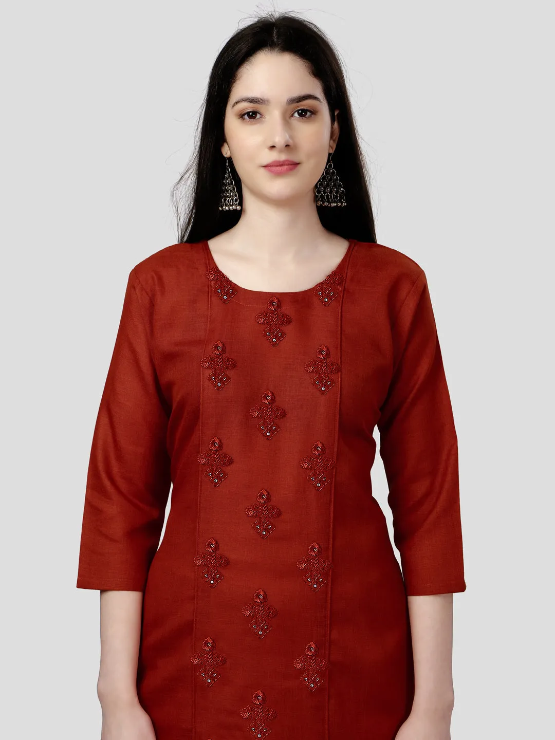 Orange Heavy Cotton Magic Slub With Casual Embroidery Kurti