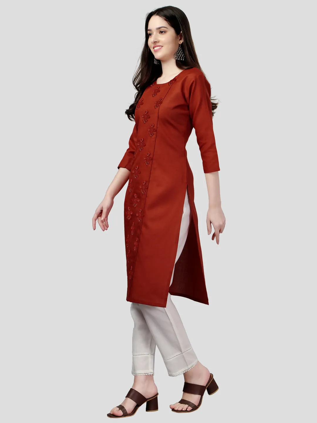 Orange Heavy Cotton Magic Slub With Casual Embroidery Kurti